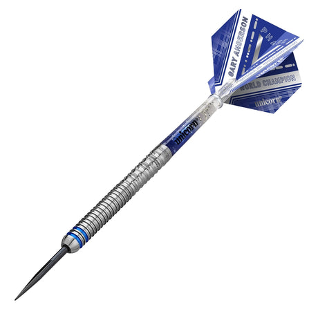 Unicorn Gary Anderson World Champion Deluxe Phase 5 90% Tungsten Steel Tip Darts On Angle View